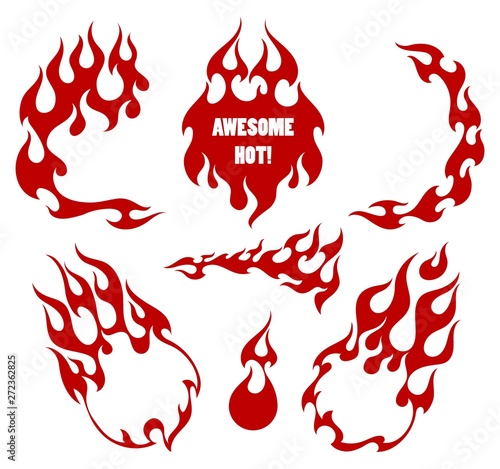 Red fire, old school flame shaped background elements, isolated vector illustrations