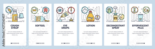 Mobile app onboarding screens. Drugs, eye drops, nasal spray, cough syrup, cream and lotion. Menu vector banner template for website and mobile development. Web site design flat illustration
