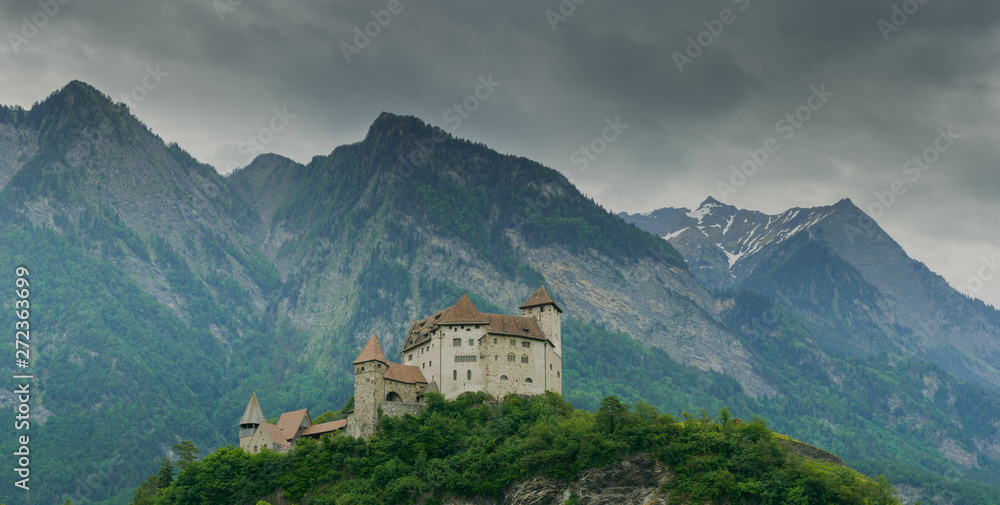 horizontal view of the historic Gutenberg Castle in the village of Balzers in the Principality of Liechtenstein