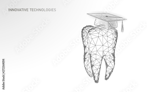 E-learning distance medicine dental graduate certificate program concept. Low poly 3D render graduation cap on tooth banner template. Internet education course degree vector illustration