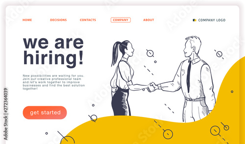 Vector landing page design template with illustration of business people shaking hands on white background. Hand drawn sketch style. Employee, partnership, team work, consulting, support, deal concept