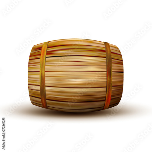 Brown Lying Vintage Wooden Barrel Side View Vector. Standard Barrel For Making, Storage And Shipping Alcoholic Beverage Rum Production. Closeup Object Equipment Realistic 3d Illustration