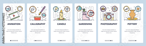 Mobile app onboarding screens. Hobby and leisure activities, photography, calligraphy, animation, gardening. Menu vector banner template for website and mobile development. Web site flat illustration