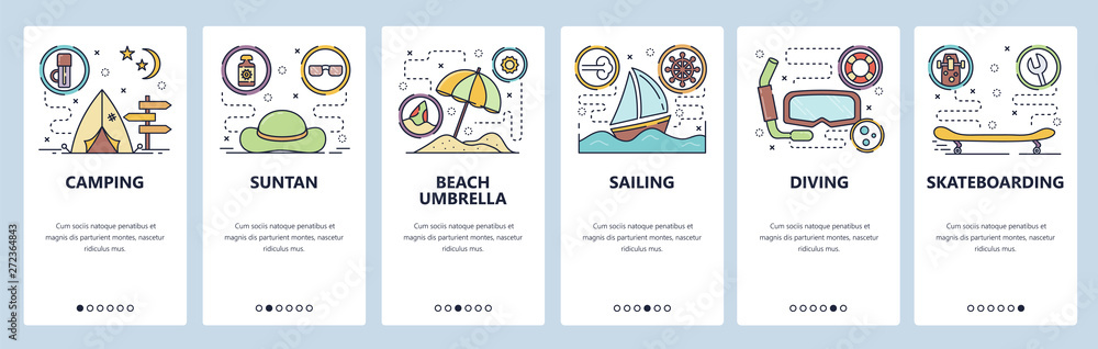 Mobile app onboarding screens. Summer leisure activities, beach vacation, travel and camping, sailing, diving. Vector banner template for website and mobile development. Web site flat illustration Mobile app onboarding screens. Summer leisure activities, beach vacation, travel and camping, sailing, diving. Vector banner template for website and mobile development. Web site flat illustration