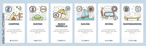Mobile app onboarding screens. Summer leisure activities, beach vacation, travel and camping, sailing, diving. Vector banner template for website and mobile development. Web site flat illustration