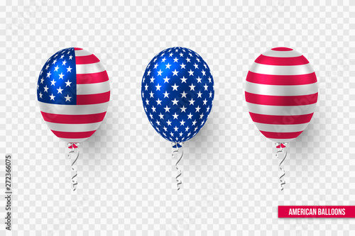 USA glossy balloons design of American flag. Decorative realistic elements for national holidays of America. Isolated on transparent background. Vector illustration.