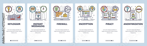 Mobile app onboarding screens. Pivate security, keylogger, spyware, instant messaging, smartphone encryption. Menu vector banner template for website and mobile development. Web site flat illustration