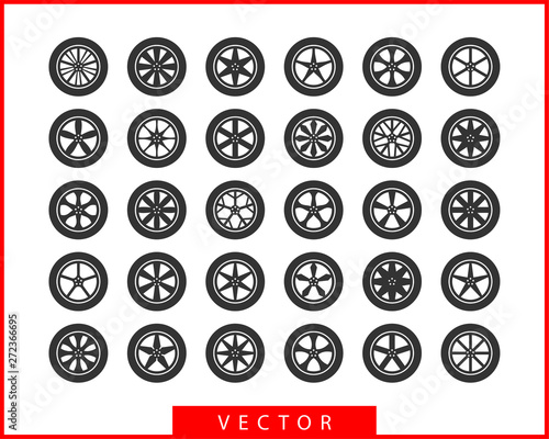 Set tires and wheels. Disc wheel car icon vector.