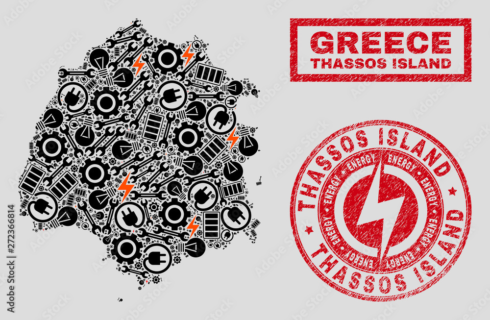 Obraz premium Composition of mosaic power supply Thassos Island map and grunge stamps. Mosaic vector Thassos Island map is composed with hardware and power symbols. Black and red colors used.