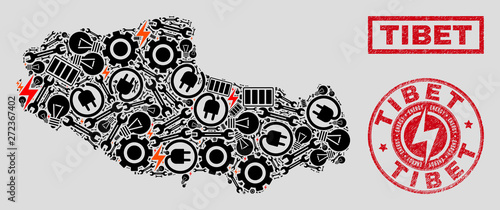 Composition of mosaic power supply Tibet map and grunge seals. Mosaic vector Tibet map is created with equipment and bulb elements. Black and red colors used. Concept for power supply services.