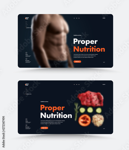 Vector black page web site template for personal trainer or nutritionist with proper nutrition header.