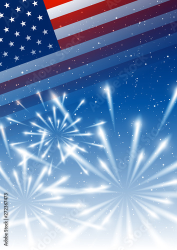 Independence day background with American flag and shiny fireworks