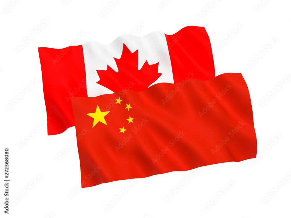 National fabric flags of Canada and China isolated on white background. 3d rendering illustration. 1 to 2 proportion. National fabric flags of Canada and China isolated on white background. 3d rendering illustration. 1 to 2 proportion.