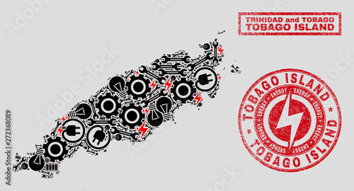 Composition of mosaic power supply Tobago Island map and grunge watermarks. Mosaic vector Tobago Island map is composed with tools and lamp symbols. Black and red colors used.