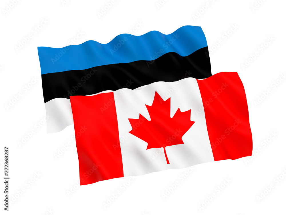 National fabric flags of Estonia and Canada isolated on white background. 3d rendering illustration. 1 to 2 proportion. National fabric flags of Estonia and Canada isolated on white background. 3d rendering illustration. 1 to 2 proportion.