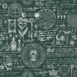 Vector seamless background on the theme of alchemy, medicine, magic, witchcraft and mysticism with various esoteric and occult symbols. Medieval manuscript with sketches and notes in retro style
