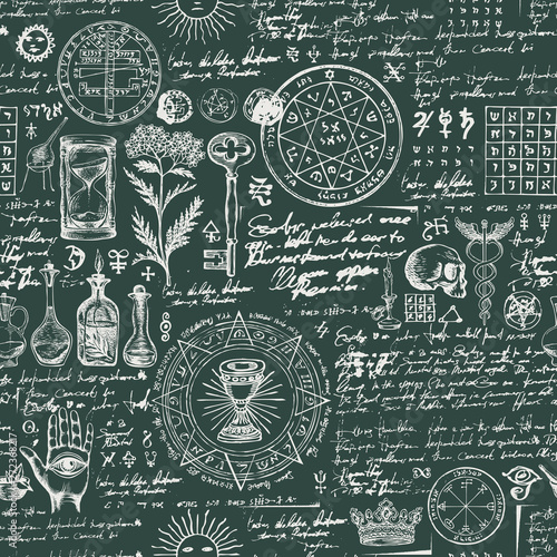 Vector seamless background on the theme of alchemy, medicine, magic, witchcraft and mysticism with various esoteric and occult symbols. Medieval manuscript with sketches and notes in retro style
