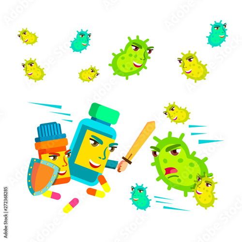 Collection Of Fungus Microbe And Pills Set Vector. Antibacterial Drugs With Shield And Sword Fighting With Fungus Bacteria Infection. Healthcare And Protection Flat Cartoon Illustration