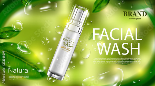 Luxury cosmetic Bottle package skin care cream, Beauty cosmetic product poster with leaves and green background