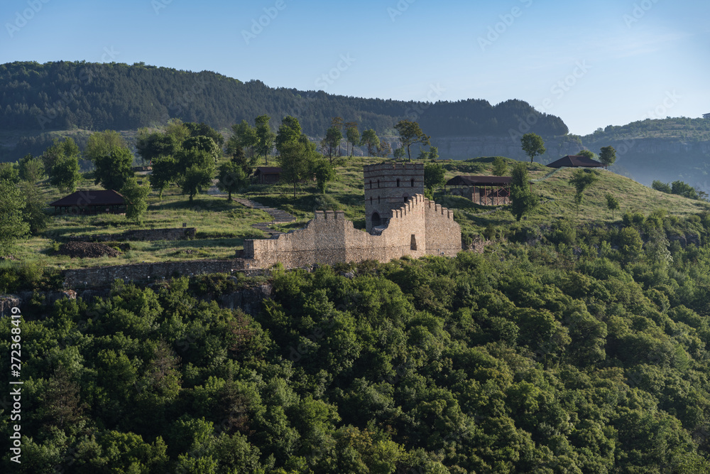 View to tower and walls of medieval Trapezitsa fortress,.Veliko Tarnovo in Bulgaria.