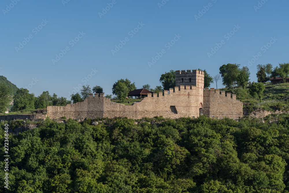 View to tower and walls of medieval Trapezitsa fortress,.Veliko Tarnovo in Bulgaria.