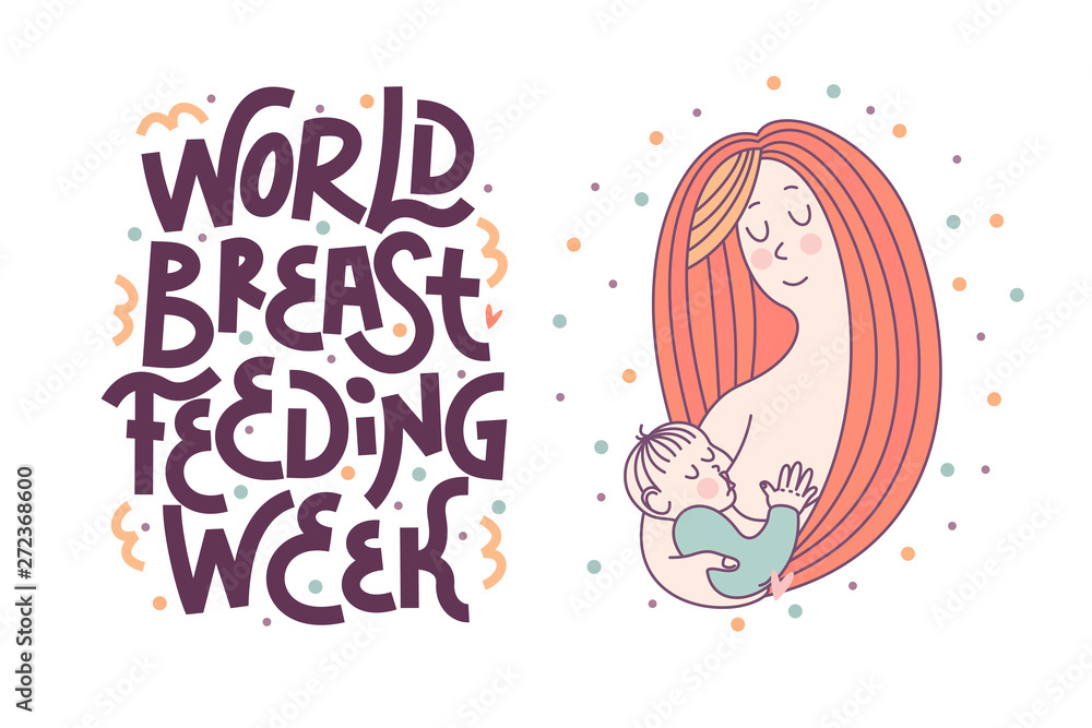 Vector illustration for international breastfeeding week. Lettering. The baby sucks the mother's breast. Linear illustration. Vector illustration for international breastfeeding week. Lettering. The baby sucks the mother's breast. Linear illustration.