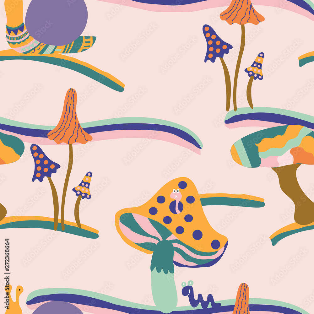 groovy mushrooms and snails, in a seamless pattern design