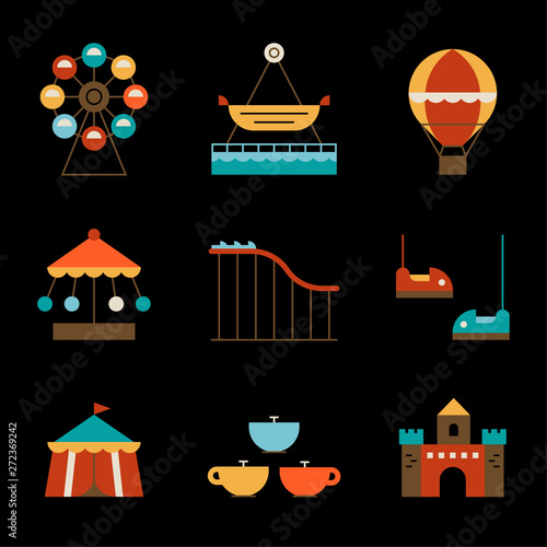 Various rides in the amusement park. flat design style minimal vector illustration