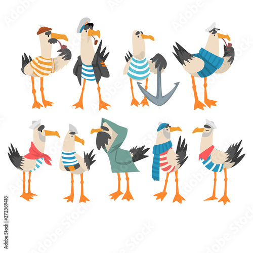 Seagulls Sailors Set, Funny Captain Birds Cartoon Characters Vector Illustration