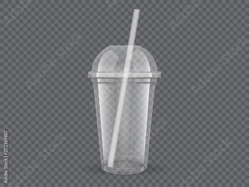 Empty transparent plastic cups with straw on dark background vector mock up