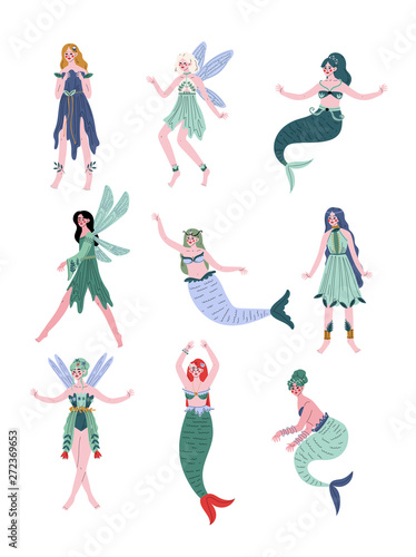 Beautiful Forest Fairies, Nymphs, Mermaids, Sirens Set Vector Illustration