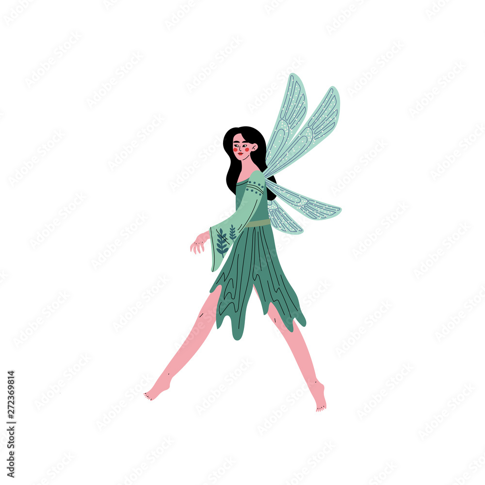 Beautiful Forest Fairy or Nymph with Wings, Pretty Brunette Girl in Green Dress Vector Illustration Beautiful Forest Fairy or Nymph with Wings, Pretty Brunette Girl in Green Dress Vector Illustration