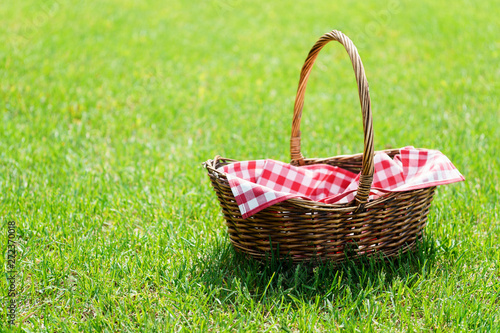 Fototapeta Naklejka Na Ścianę i Meble -  Empty picnic basket on green sunny lawn.