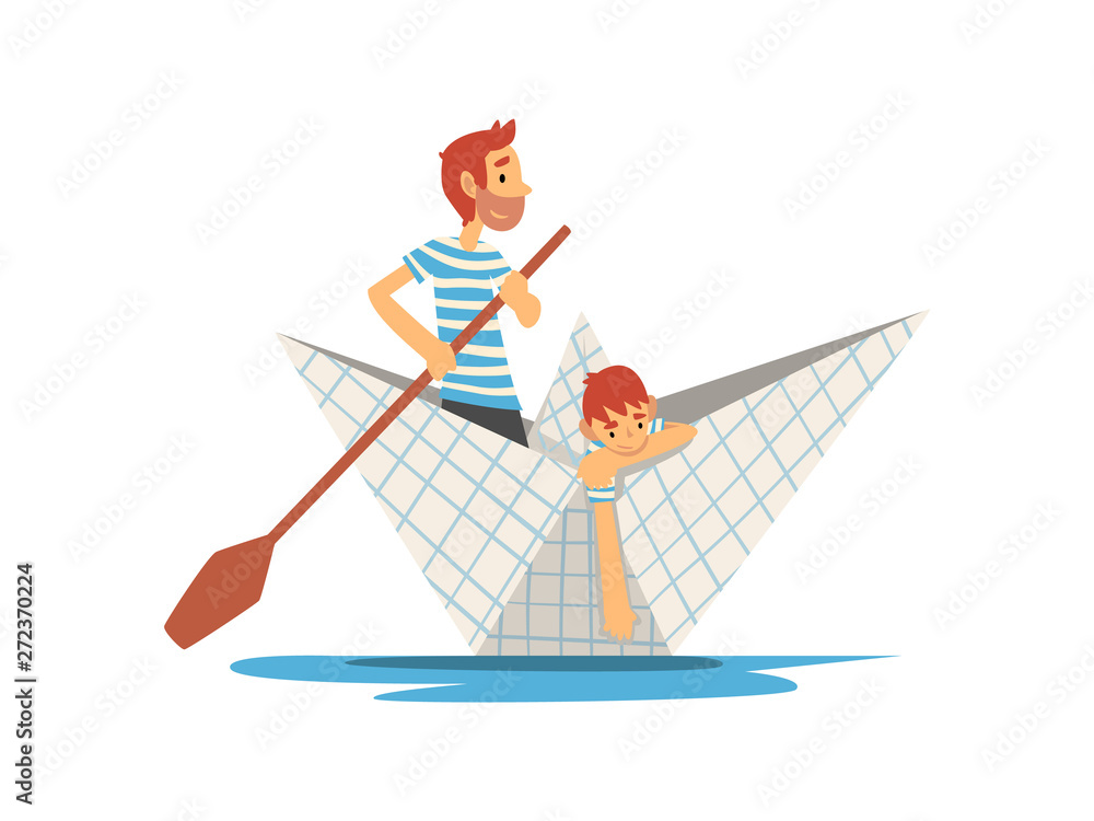 Father and Son in Blue White Striped T-Shirts Boating on River, Lake or Pond, Family Paper Boat Vector Illustration