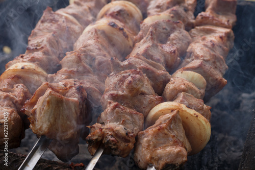  man fries meat on the grill, meat on skewers and on hot coals, a picnic in nature