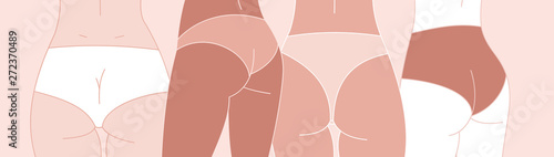 Different tan type. Ethnic women different skin color and body. Feminine illustration. Vector illustration