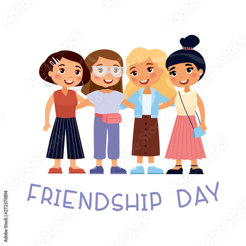 Friendship day. Four young cute girls hugging..Funny cartoon character.  Stock Vector | Adobe Stock