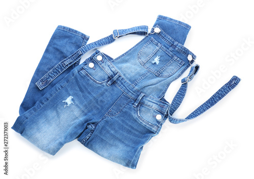 Stylish jeans overall on white background