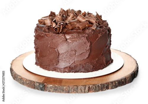 Tasty chocolate cake on white background
