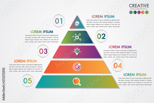 Pyramid infographic colorful template with 5 steps or options concept.Each part contains unique number, icon and space for own text or other purposes.Can be used for web, diagram, graph, presentation.