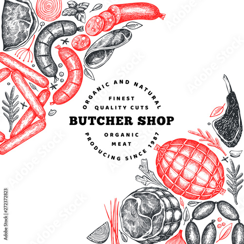 Vintage vector meat products design template. Hand drawn ham, sausages, jamon, spices and herbs. Raw food ingredients. Retro illustration. Can be use for label, restaurant menu.