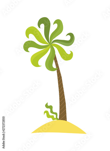 Tropical palm on island with sea waves vector illustration isolated white background. Beach under palm tree. Summer vacation in tropics. Cartoon vector illustration