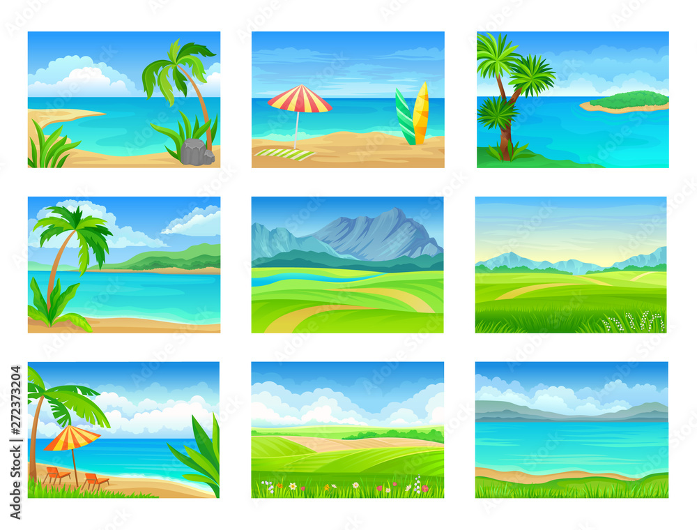 Obraz premium Set of different summer landscapes. Vector illustration on white background.