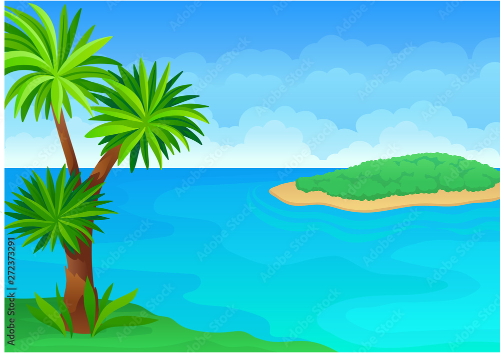 Magnificent palm tree by the sea. Vector illustration on white background.