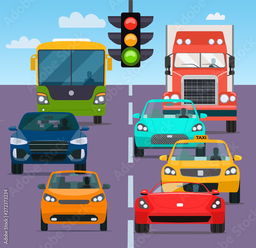 Traffic jam rom different cars. Vector flat style  illustration