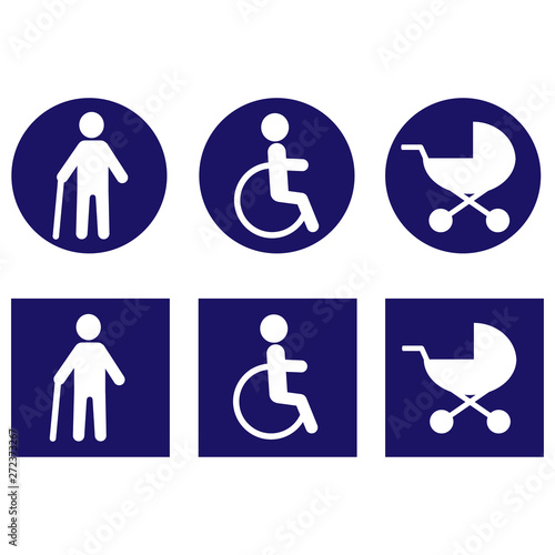Blue round and square stickers this a person in a wheelchair, man with a disability and elderly on crutches, baby stroller, vector icons.