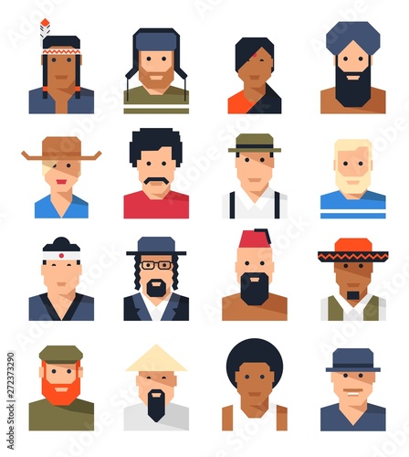 Avatar portrait of people of various races and nationalities in traditional dress. Abstract faces of man and woman from different countries.