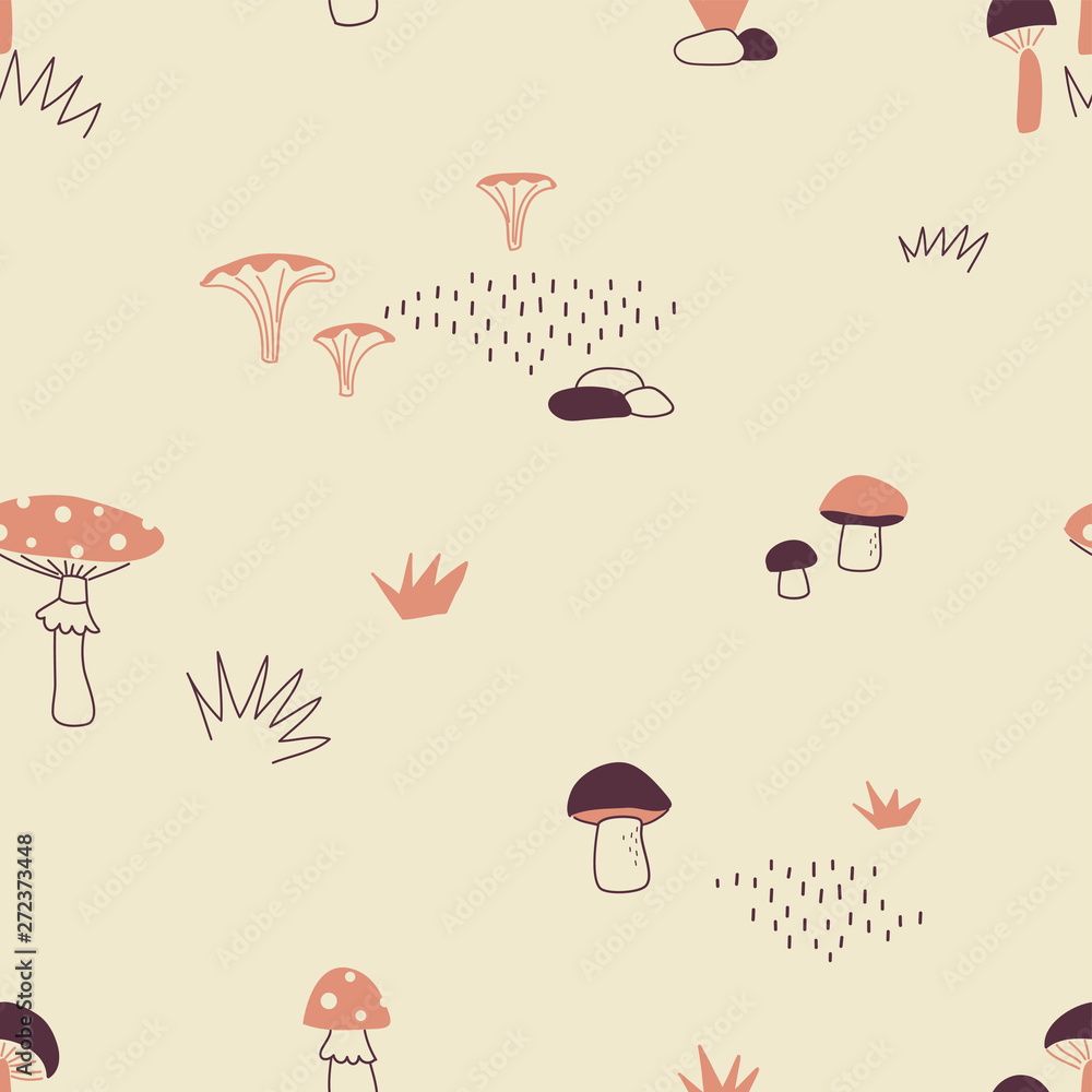 Autumn Mushroom seamless vector pattern. Fall woody harvest repeatable background. Woodland childish print in Scandinavian decorative style. Cute nature small-scaled print for children fashion fabric. Autumn Mushroom seamless vector pattern. Fall woody harvest repeatable background. Woodland childish print in Scandinavian decorative style. Cute nature small-scaled print for children fashion fabric.