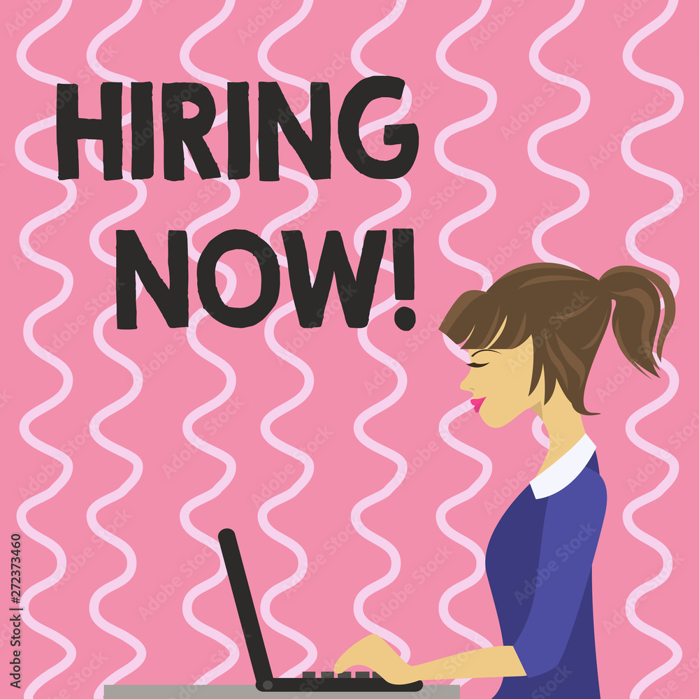 Text sign showing Hiring Now. Conceptual photo Workforce Wanted New Employees Recruitment Text sign showing Hiring Now. Conceptual photo Workforce Wanted New Employees Recruitment