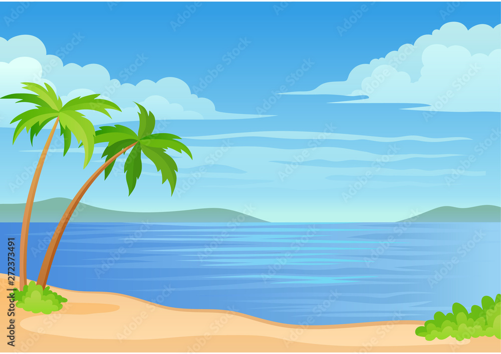 Two palm trees and a bush by the sea. Vector illustration on white background.